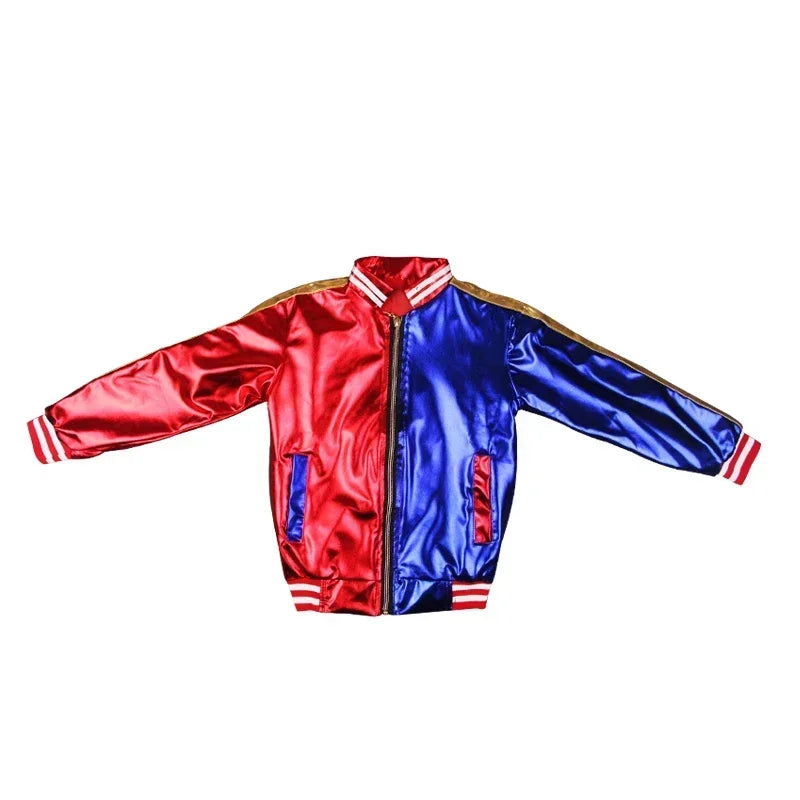 Harley Quinn costume for adults featuring a colorful red and blue bomber jacket with striped cuffs