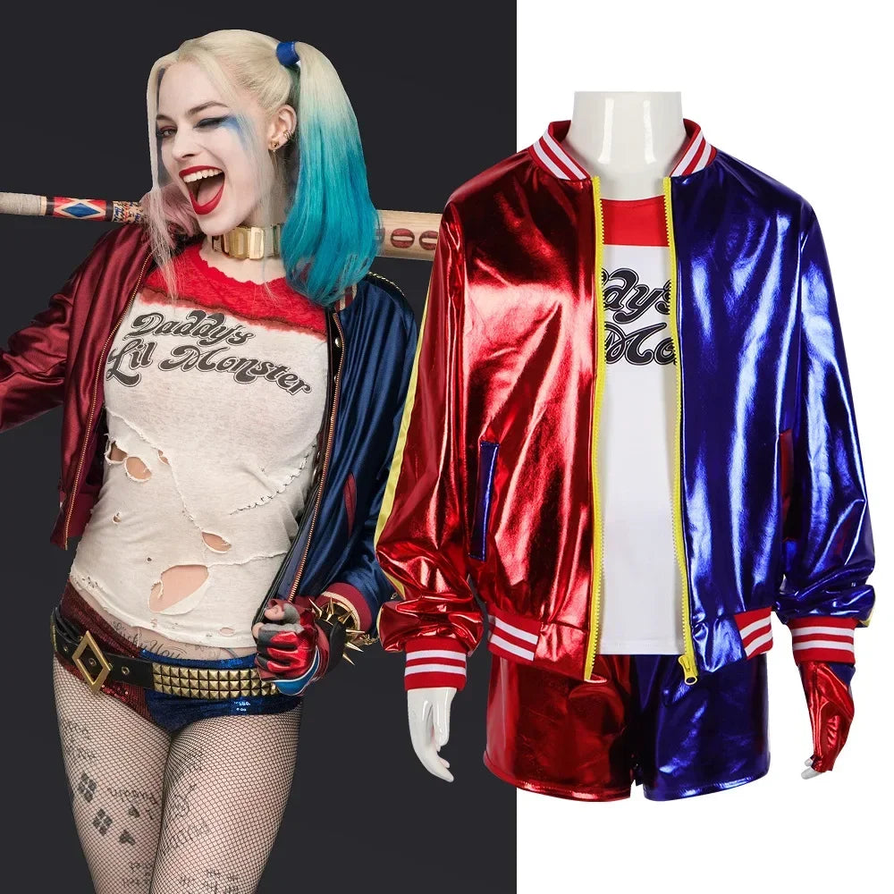 Harley Quinn costume for adults featuring a vibrant bomber jacket and shirt for a fun cosplay look