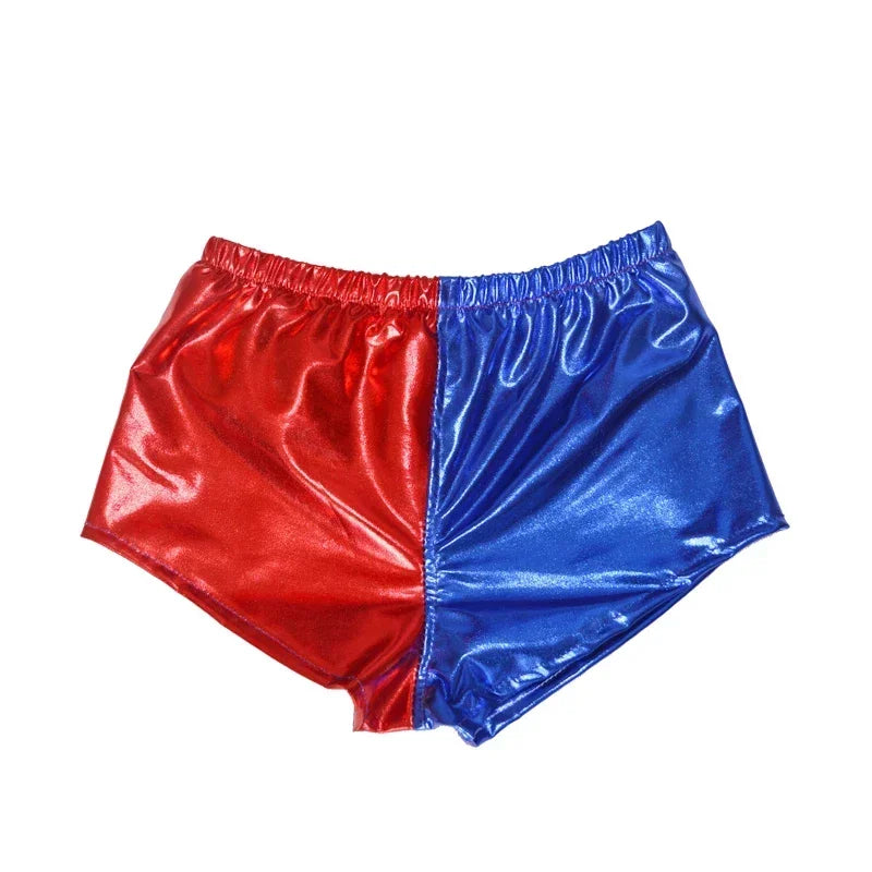 Shiny red and blue shorts for adults, perfect for a Harley Quinn costume for adults