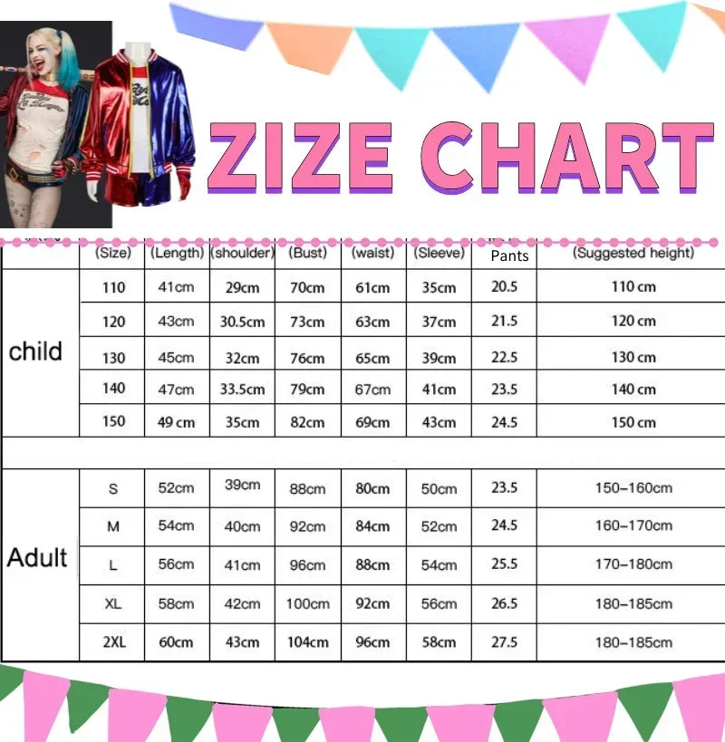Size chart for Harley Quinn costume for adults, including measurements for various sizes and suggested heights