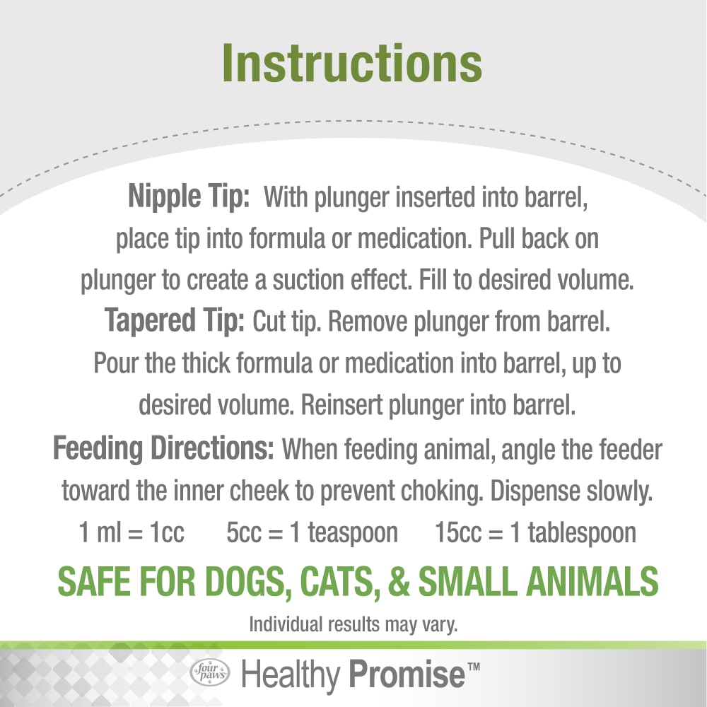 Feeding syringe instructions for dogs, cats, and small animals with clear dosage guidance