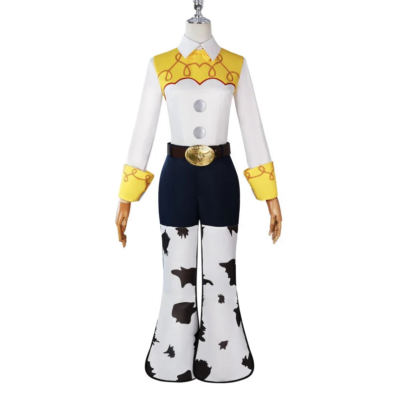 Woody and Jessie cosplay costumes featuring detailed shirt and cow-print pants for fans of Toy Story