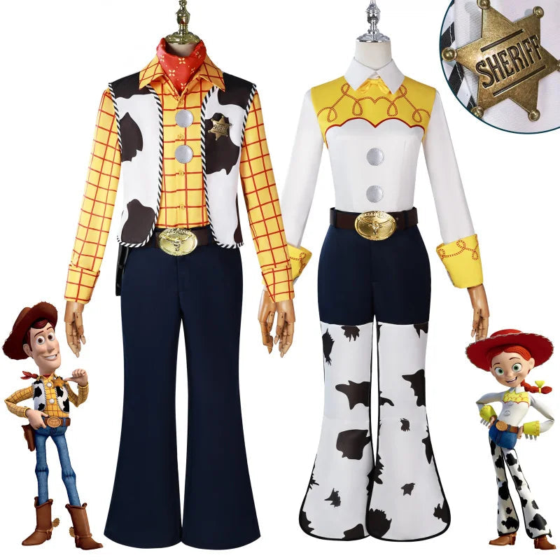 Woody and Jessie cosplay costumes featuring detailed shirts and matching pants for playful dress-up fun