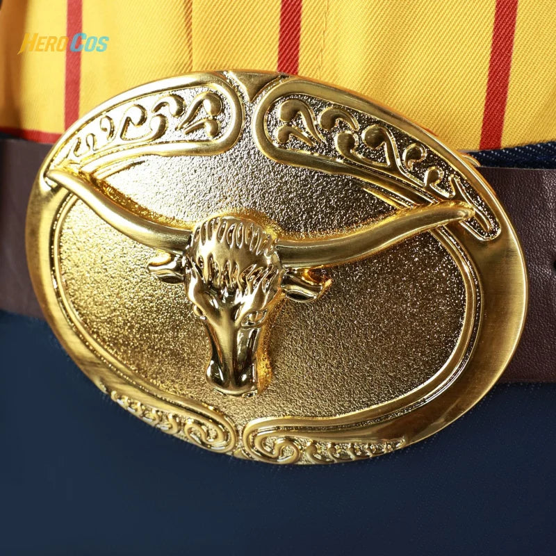 Gold belt buckle with a bull design for Woody and Jessie cosplay costumes from Zoomies & Co
