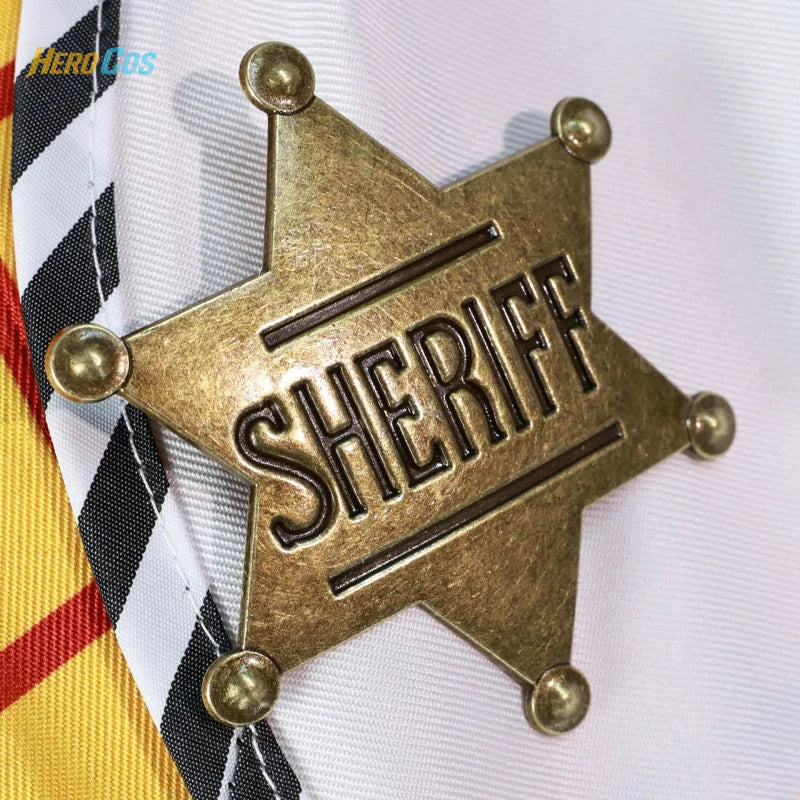 Detailed Sheriff badge feature on Woody and Jessie cosplay costumes for fans of Toy Story