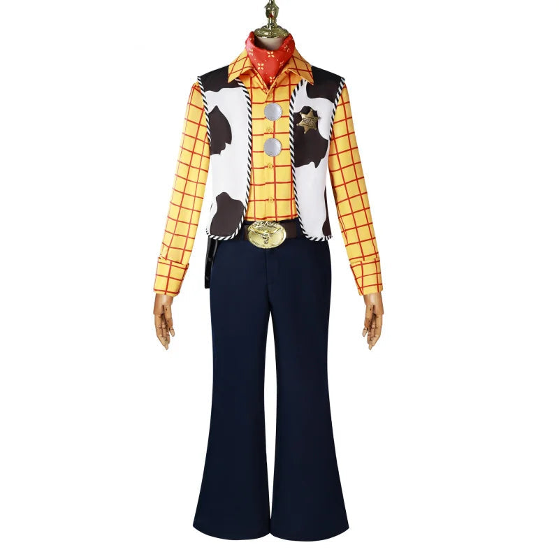Woody and Jessie cosplay costumes featuring a cowboy shirt, plaid detail, and wide-leg pants