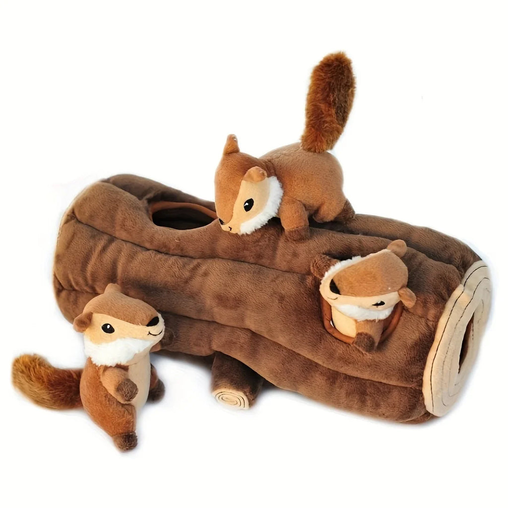 Hide-n-Seek Squirrel Plush Dog Toy featuring a log and three adorable squirrels for interactive play