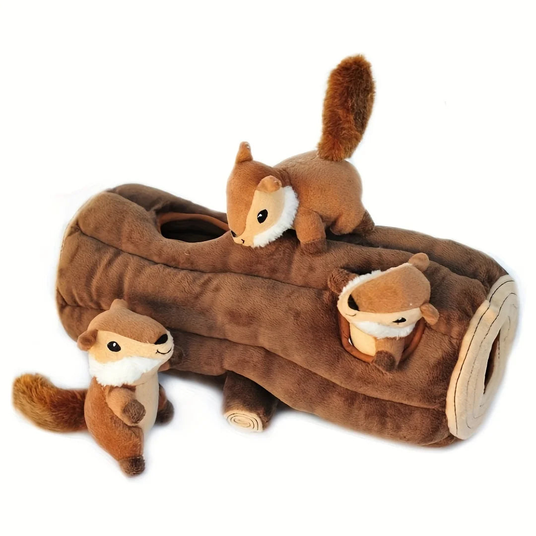Hide-n-Seek Squirrel Plush Dog Toy featuring a log and three adorable squirrels for interactive play