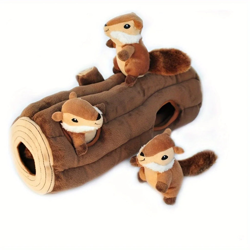 Hide-n-Seek Squirrel Plush Dog Toy featuring a log and three cute squirrels for interactive play