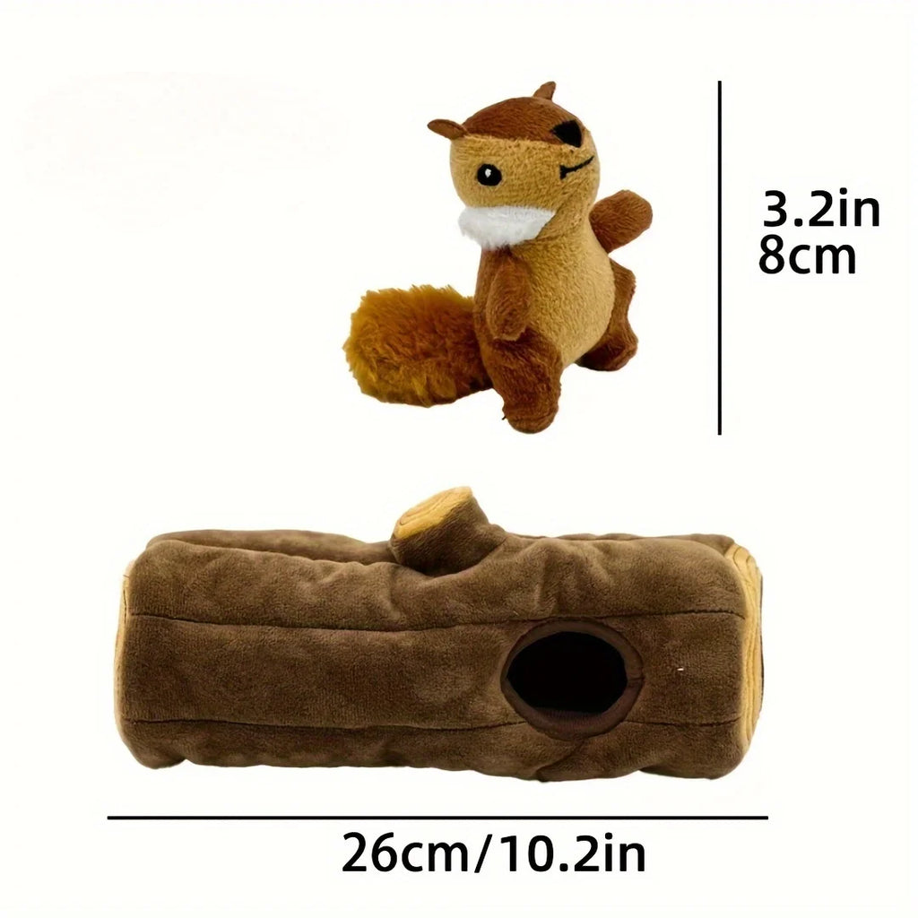 Hide-n-Seek Squirrel Plush Dog Toy featuring a cute squirrel and a log for interactive play