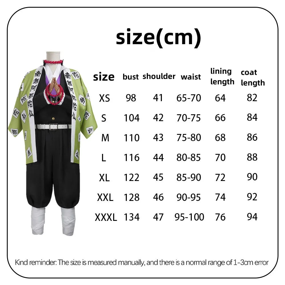 Himejima Gyomei cosplay costume size chart with measurements for various sizes including XS to XXXL