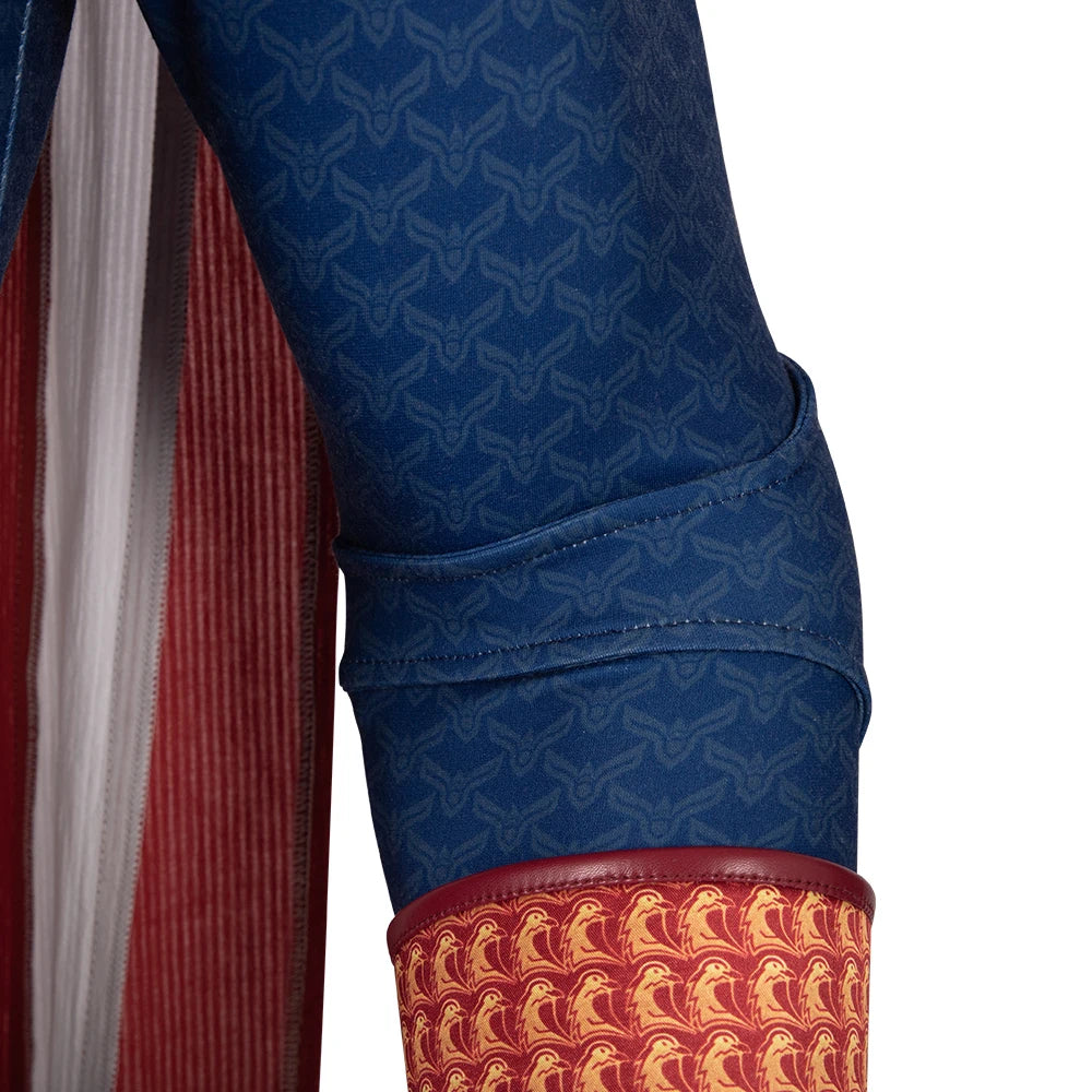 Detail of Homelander cosplay costume for men featuring blue fabric and red accents