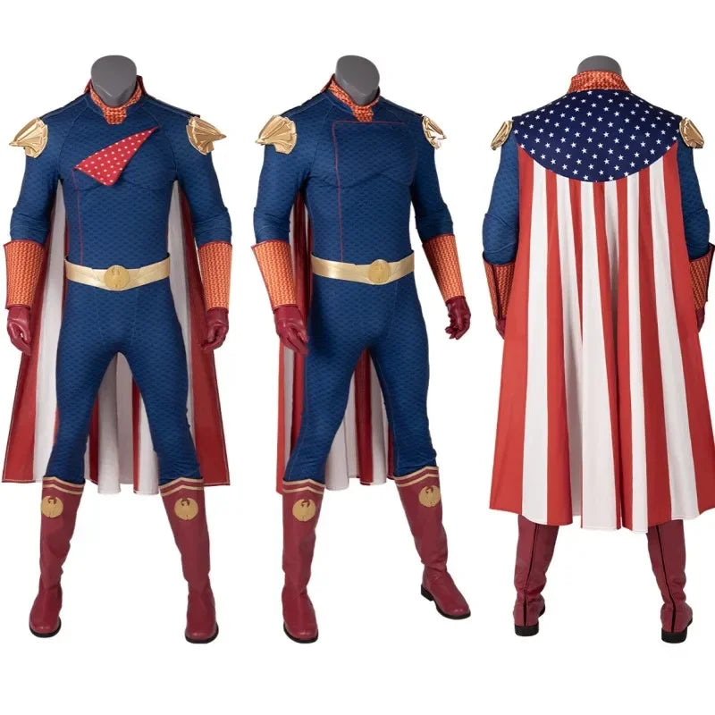 Homelander cosplay costume for men featuring vibrant colors and detailed design for comic conventions