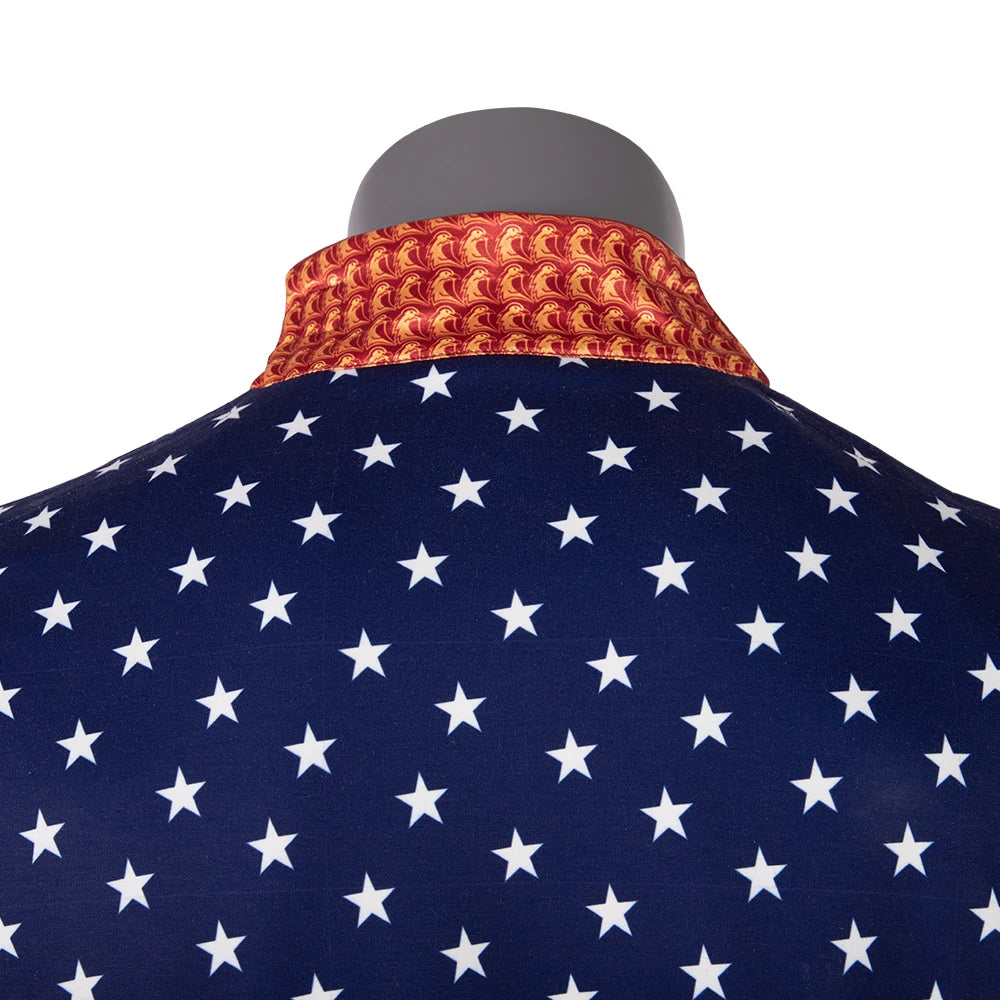 Back view of Homelander cosplay costume for men featuring starry design and golden collar detail