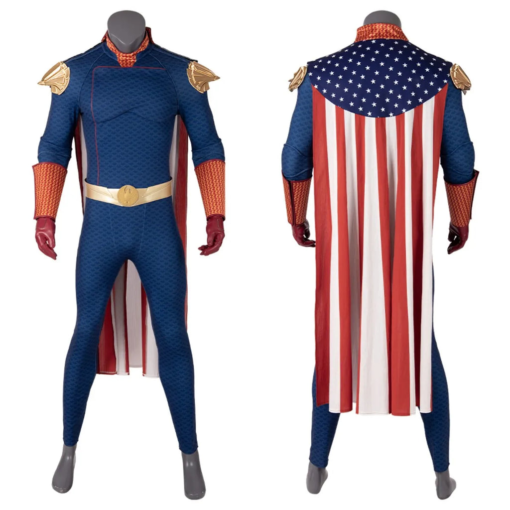 Homelander cosplay costume for men featuring detailed cape and superhero design