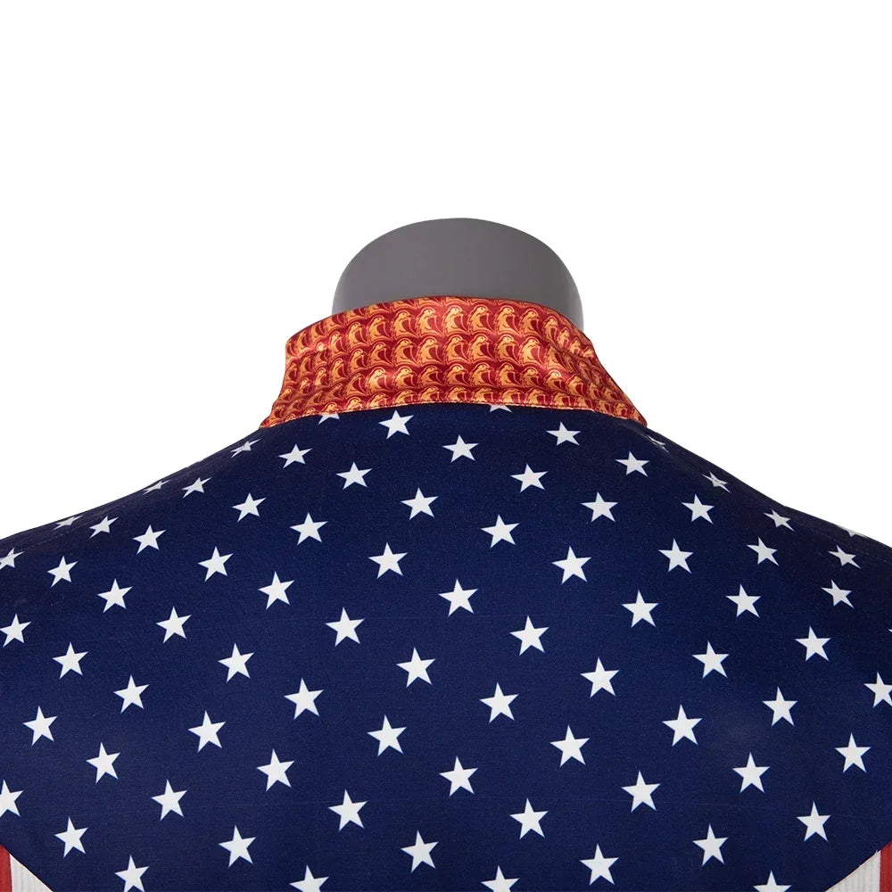 Detail view of the Homelander cosplay costume for men featuring a starry navy blue design with a red collar