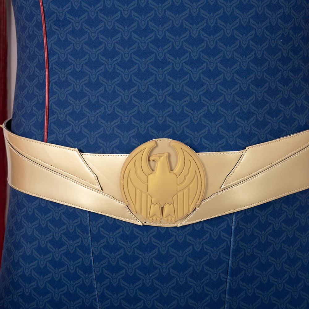 Close-up of a gold belt featuring the Homelander emblem for the Homelander cosplay costume for men