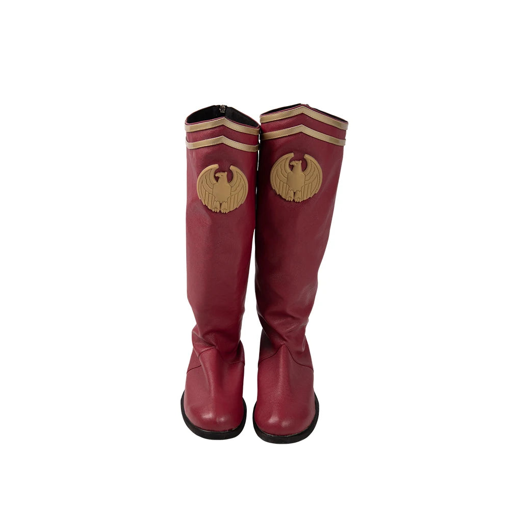 Homelander cosplay costume for men featuring tall red boots with gold accents and emblem detailing
