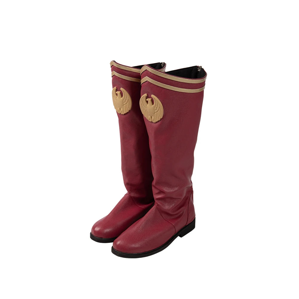 Homelander cosplay costume for men featuring red boots with detailed wing design