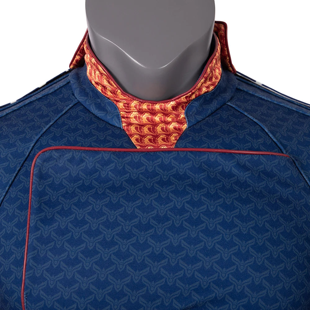 Close-up of Homelander cosplay costume for men showcasing detailed collar and fabric design