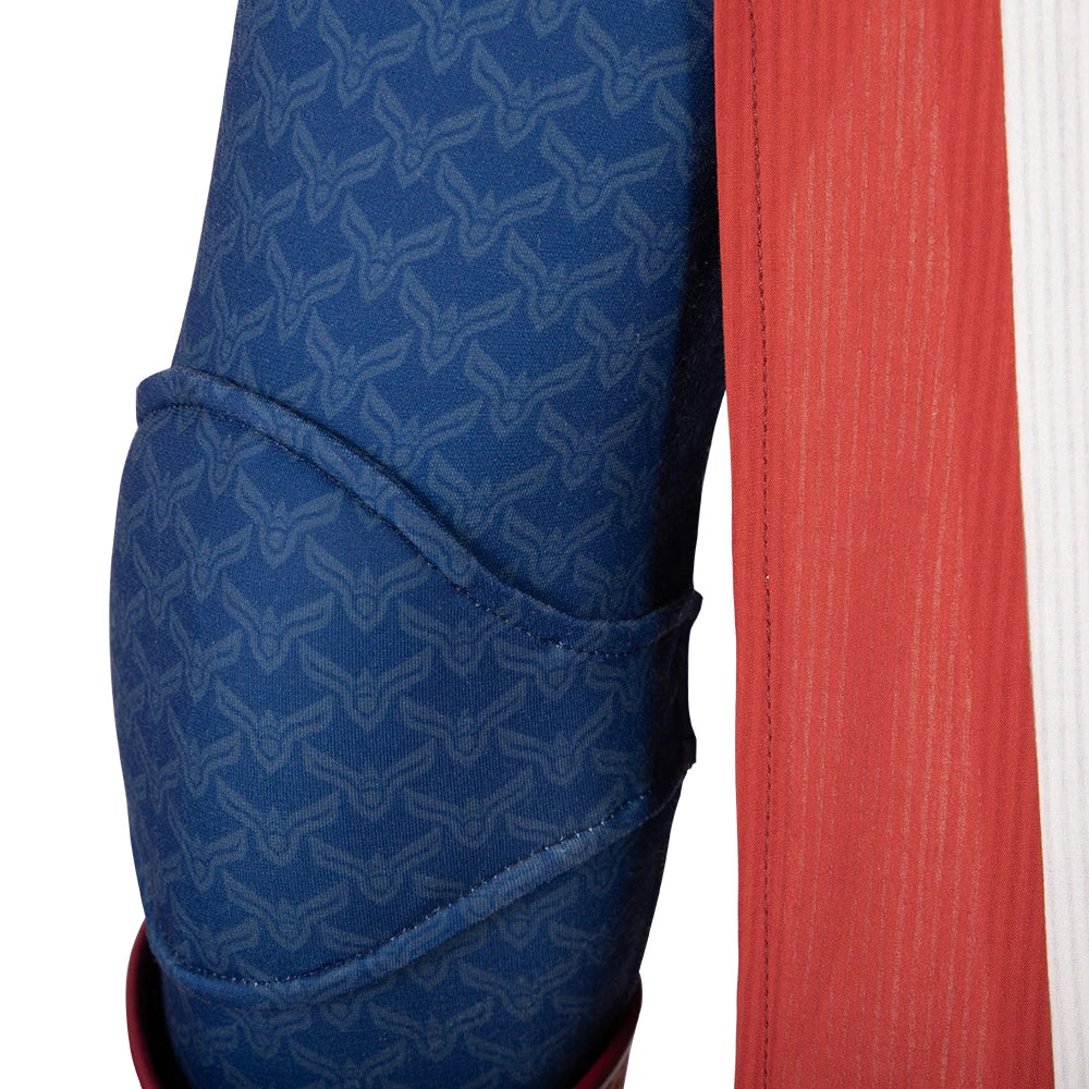 Close-up of the Homelander cosplay costume for men showcasing detailed arm design and fabric texture
