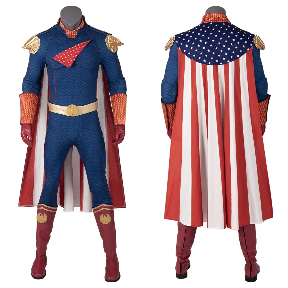Homelander cosplay costume for men with detailed suit and flowing cape featuring stars and stripes