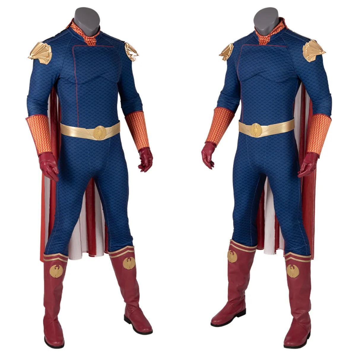 Homelander cosplay costume for men featuring a blue suit with red and gold accents