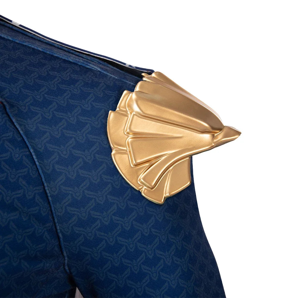 Detailed view of Homelander cosplay costume for men featuring gold shoulder embellishments