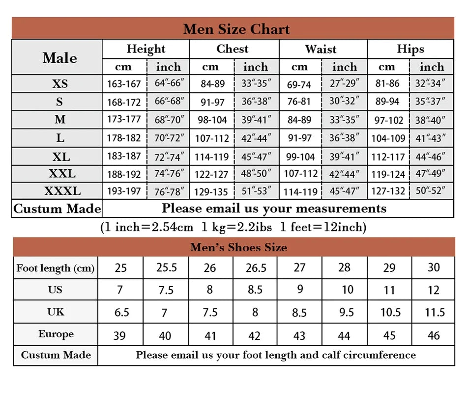 Zoomies & Co Homelander cosplay costume for men size chart with measurements for tailored fit