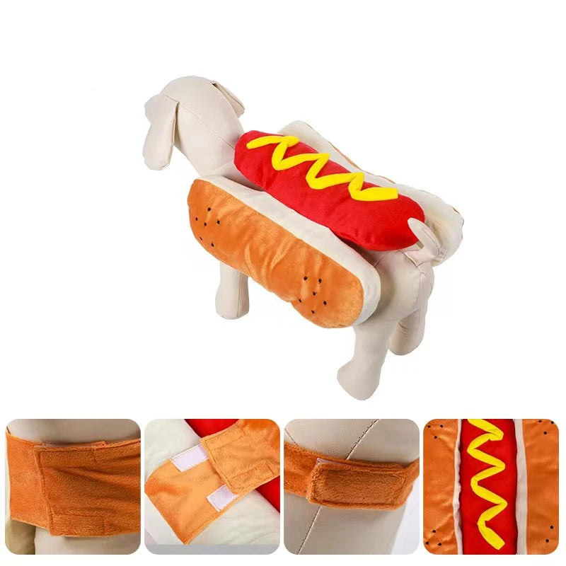 Adorable hot dog dog costume featuring a plush bun and red ketchup for playful pets