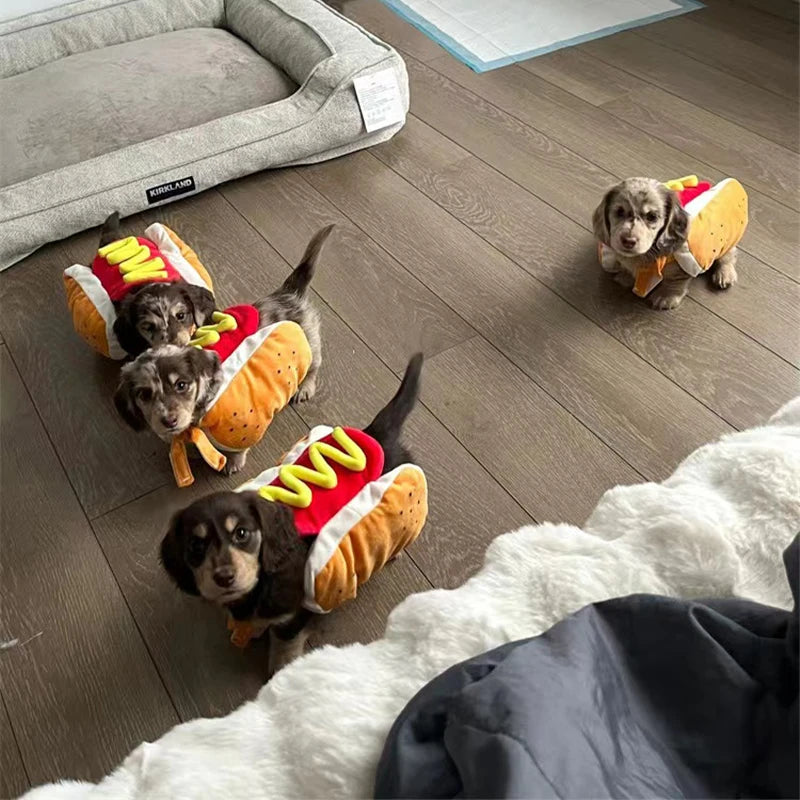 Four playful puppies in hot dog dog costumes with yellow mustard on a wooden floor