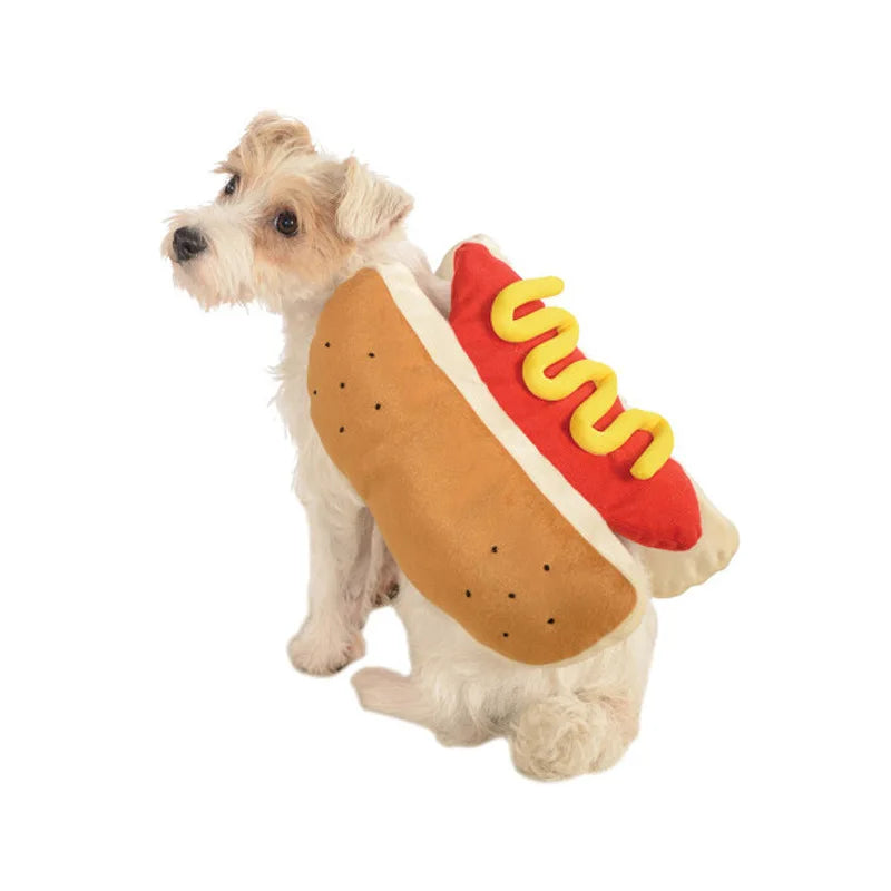 Adorable dog wearing a hot dog dog costume with mustard and ketchup details