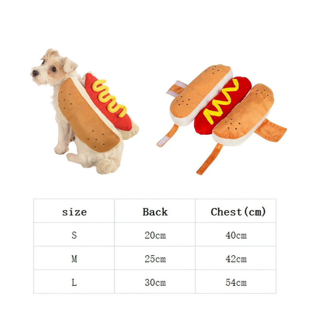 Adorable dog wearing a hot dog dog costume with yellow mustard and plush bun details