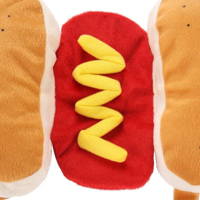 Cute hot dog pet costume from Zoomies & Co featuring soft bun and bright yellow mustard detail