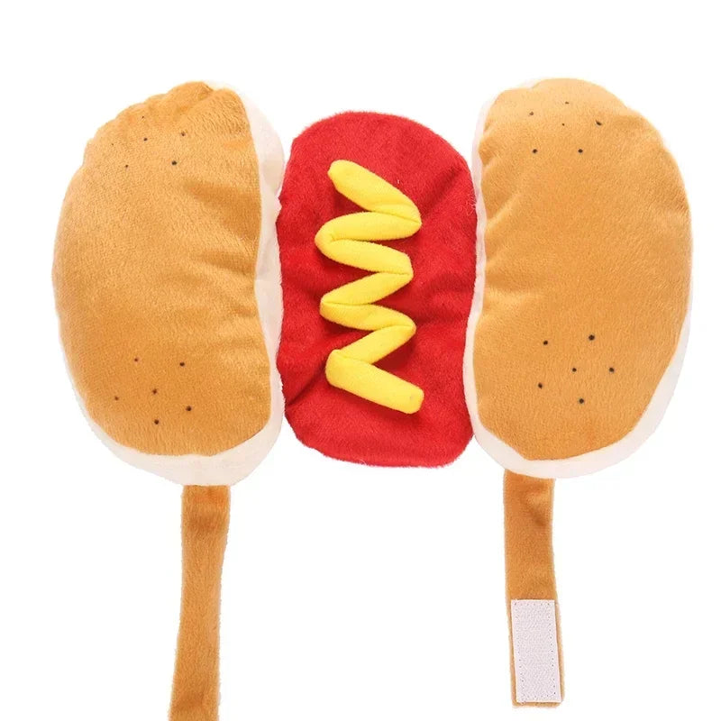 Zoomies & Co hot dog pet costume plush toy with mustard detail for fun pet dress-up