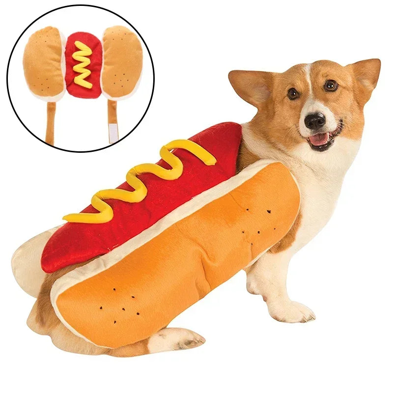 Adorable dog wearing a hot dog pet costume with plush bun and mustard for fun dress-up occasions