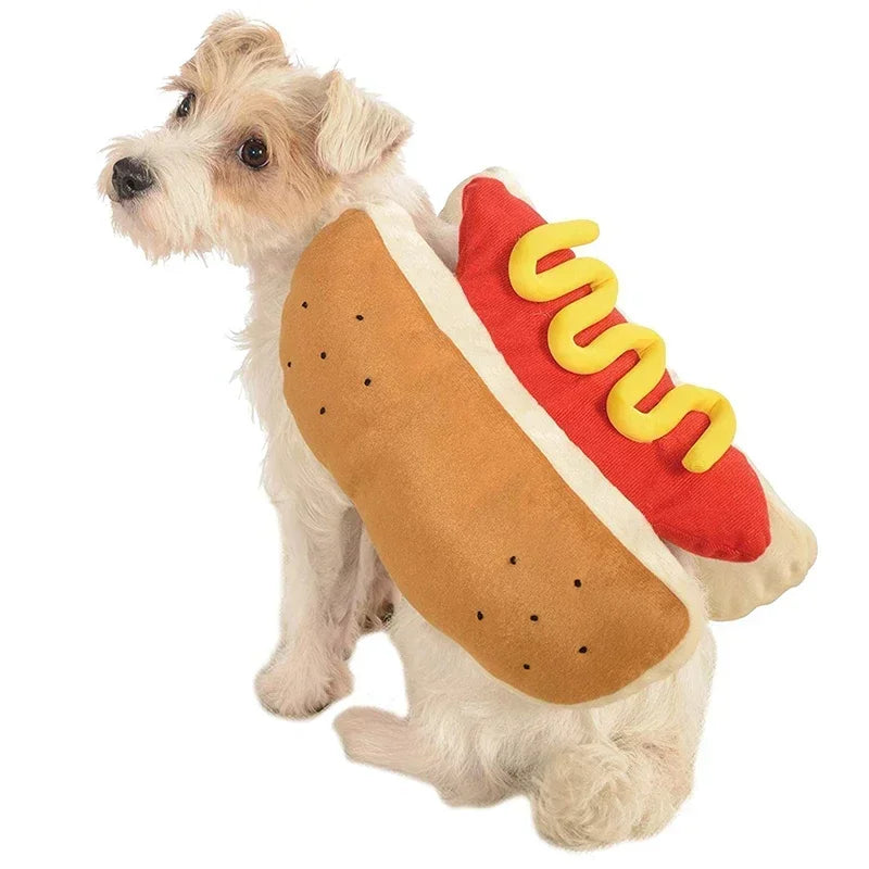 Adorable dog wearing a hot dog pet costume with mustard and ketchup details