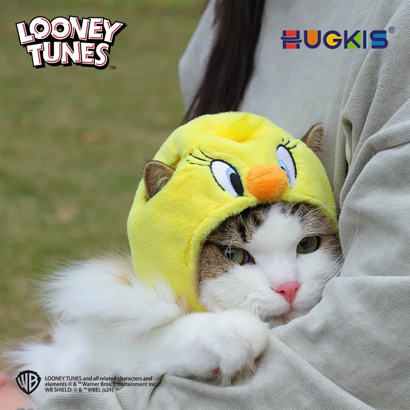 Looney Tunes cat Halloween costume featuring a soft yellow Tweety Bird hat for pets