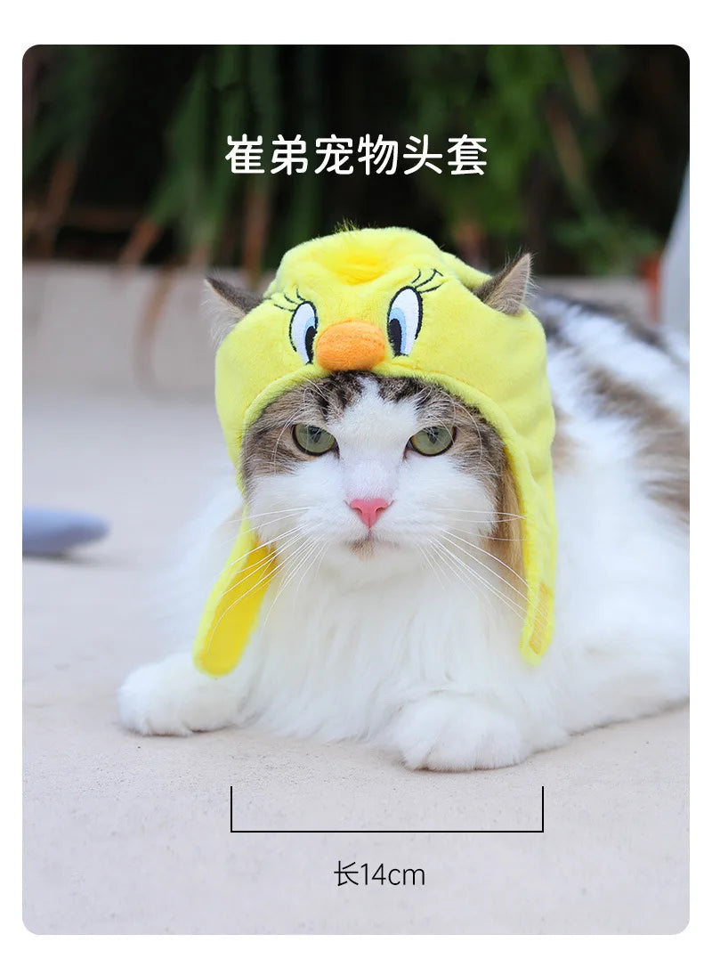 Looney Tunes cat Halloween costume featuring a bright yellow Tweety Bird hat for pets