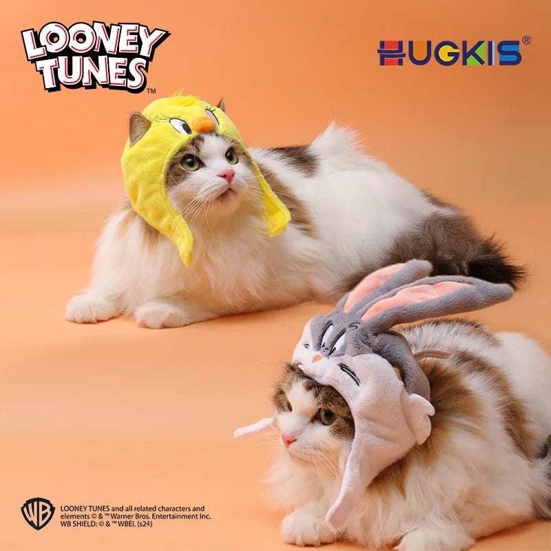 Two cats wearing Looney Tunes cat Halloween costume hats featuring Tweety Bird and Bugs Bunny designs