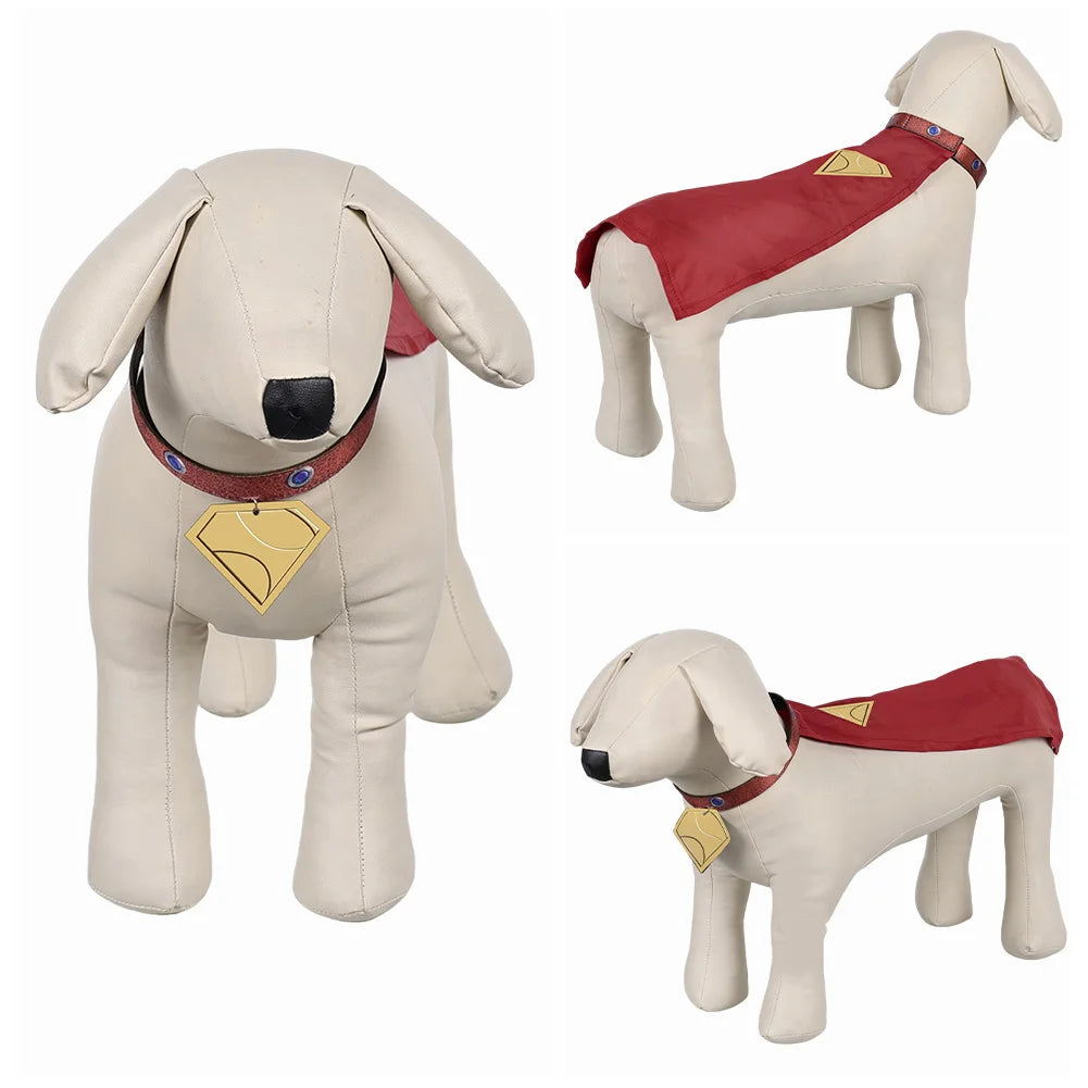 Superdog Krypto dog costume with a red cape and emblem for pets to dress up as a superhero