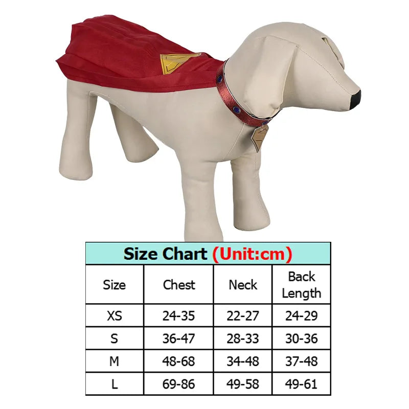 Superdog Krypto dog costume with a red cape and adjustable collar for pets