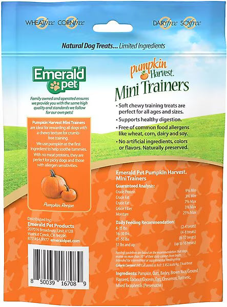 Emerald Pet Pumpkin Harvest Mini Trainers Pumpkin Soft & Chewy Dog Treats, 6-oz bag