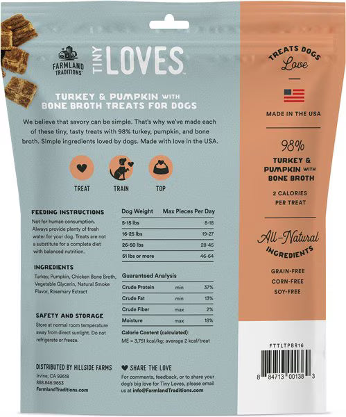 Farmland Traditions Tiny Loves Turkey & Pumpkin with Bone Broth Flavored Jerky Dog Treats, 6-oz pouch, 1 count