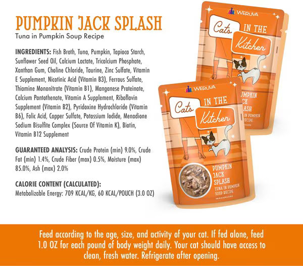 Weruva Cats in the Kitchen Pumpkin Jack Splash Tuna in Pumpkin Soup Grain-Free Cat Food Pouches, 3-oz pouch, case of 12