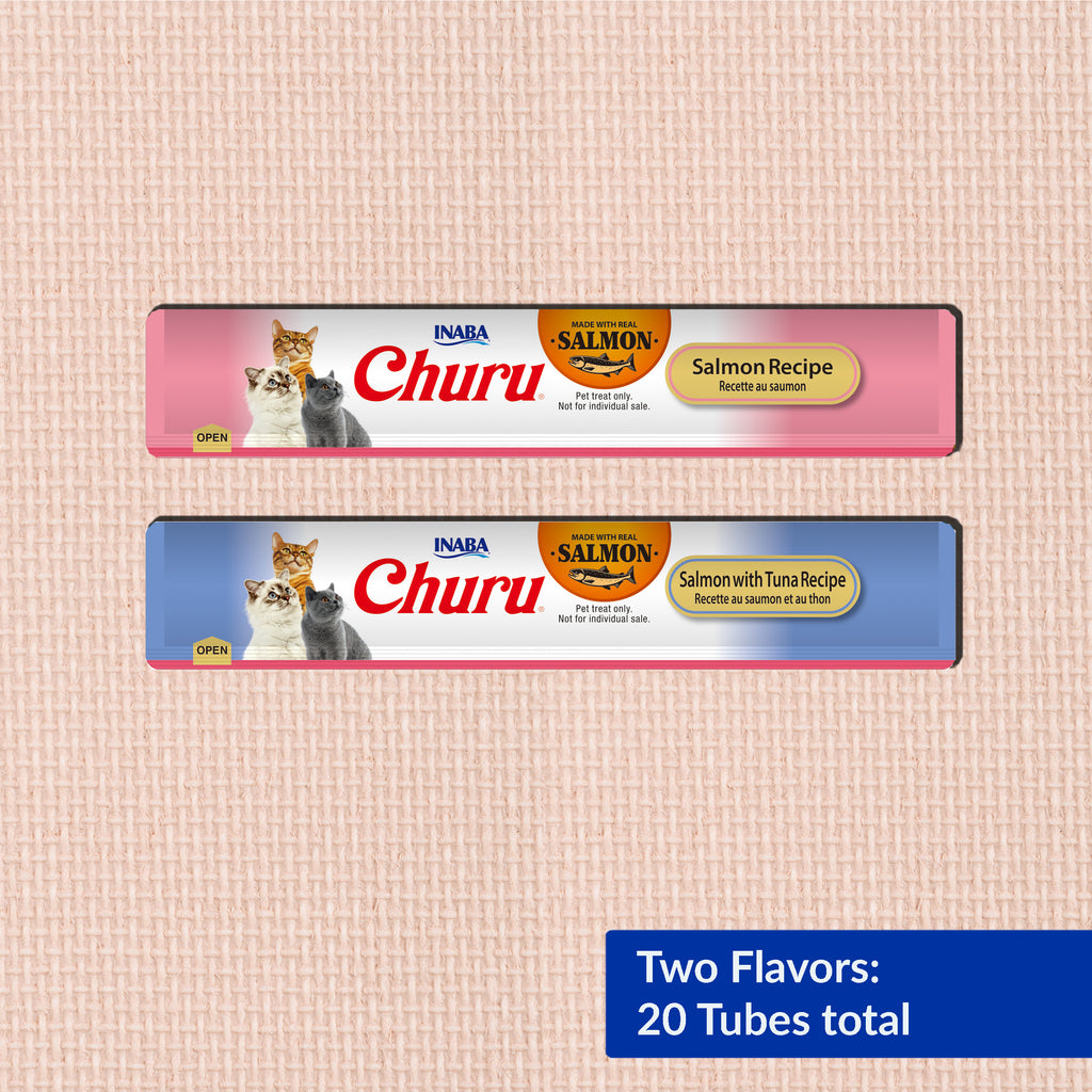Cat treat variety pack 20 count with salmon and salmon tuna flavors in individual tubes