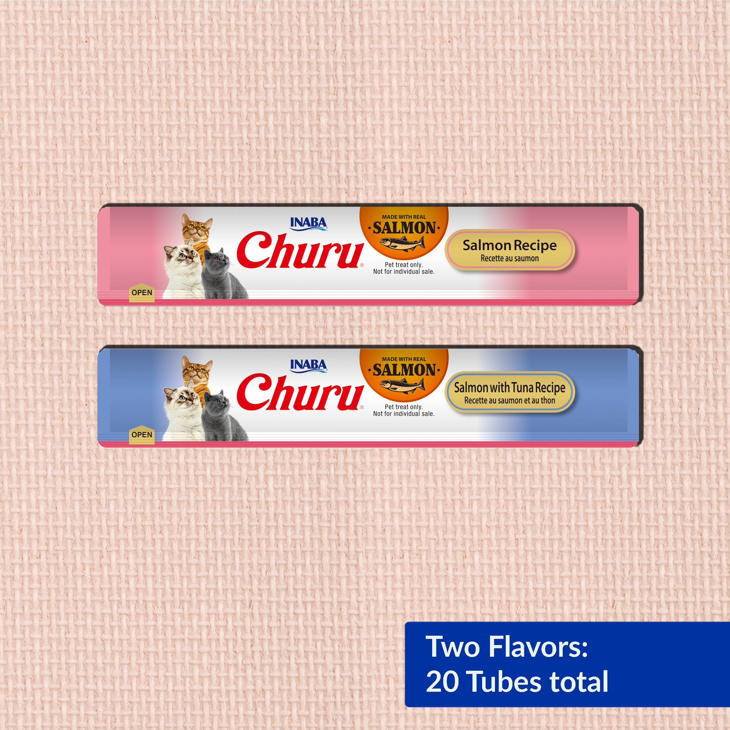 Cat treat variety pack 20 count with salmon and salmon tuna flavors in individual tubes