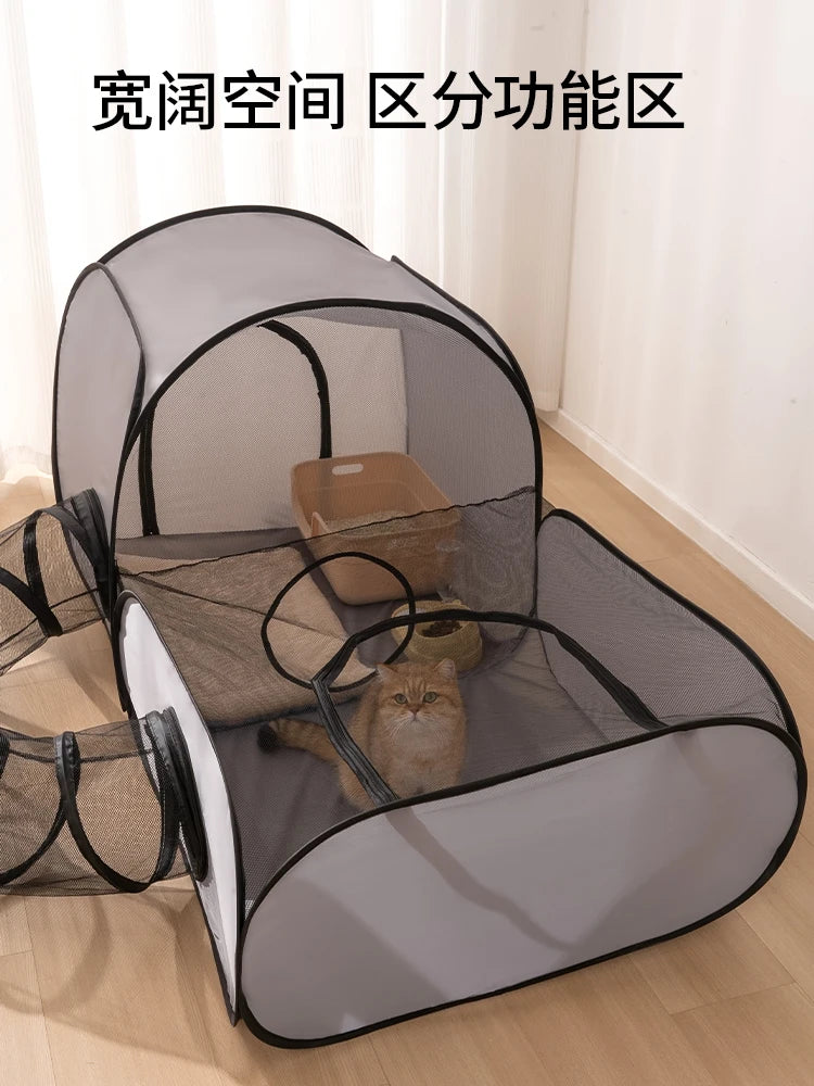 Indoor pet play tunnel with nest designed for cats to explore and rest comfortably