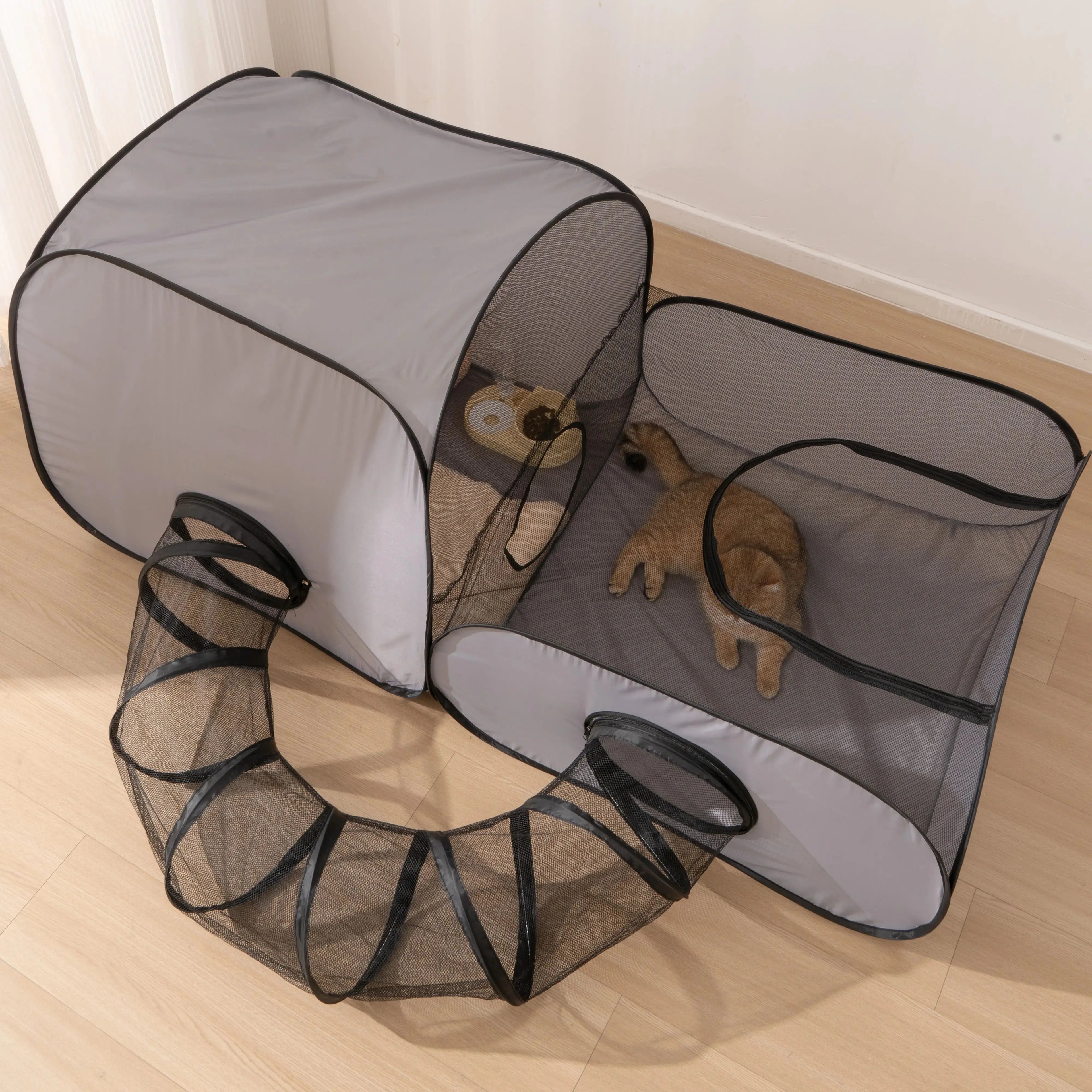 Indoor pet play tunnel with nest for cats and small pets, featuring a spacious design and durable mesh fabric