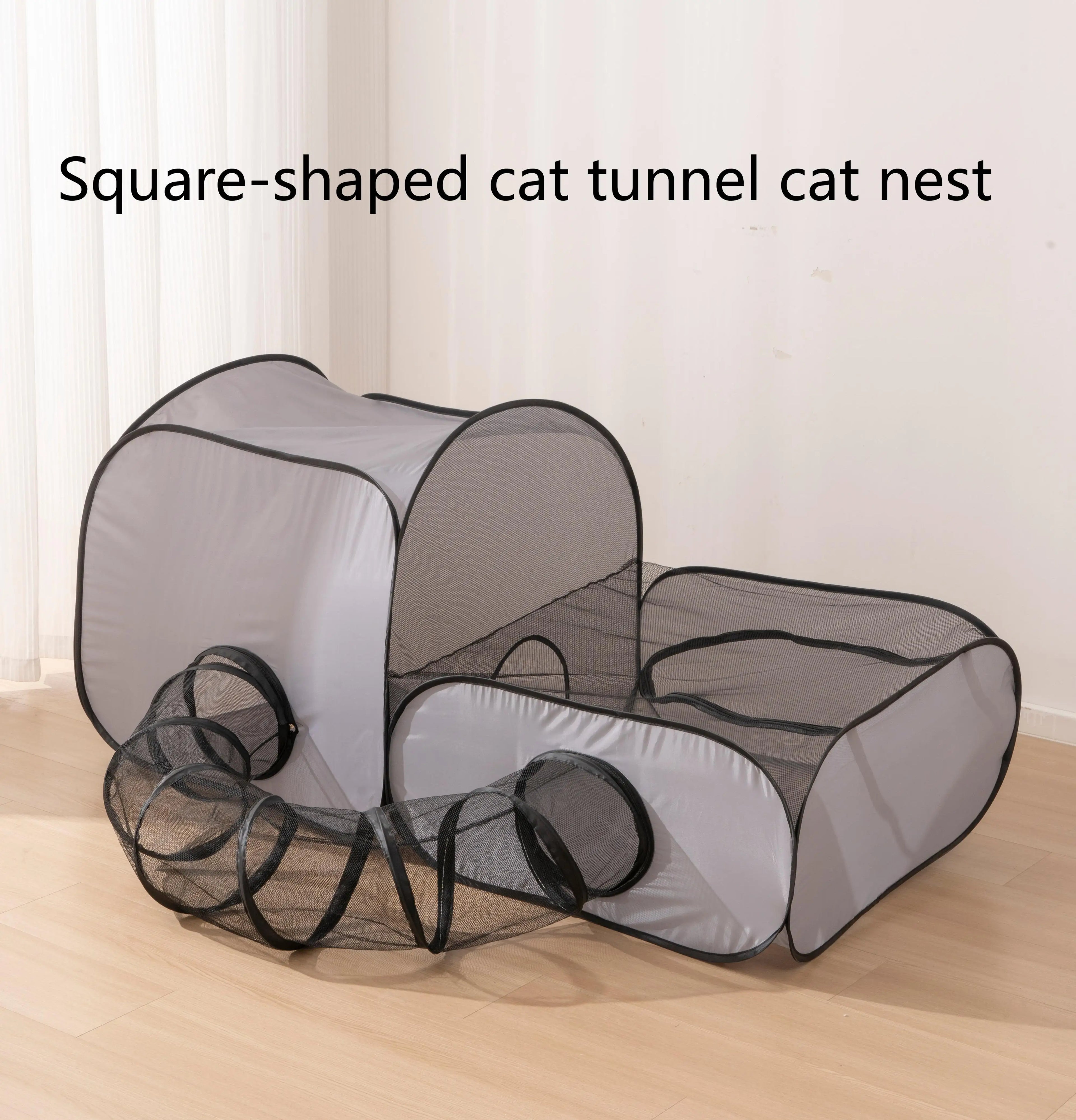 Square-shaped indoor pet play tunnel with nest for cats, featuring a durable mesh design for interactive fun